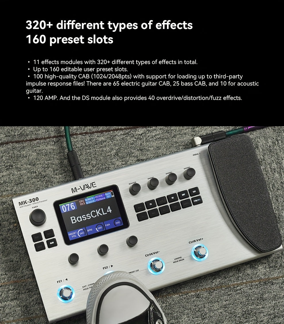 M-VAVE MK-300 -in- Electric Guitar & Bass Multi-Effects Processor with Drum Machine Backing Loop, Emulated Amplifier Suitable for Studios, Performances, Recording Gear, Looping Effects Unit