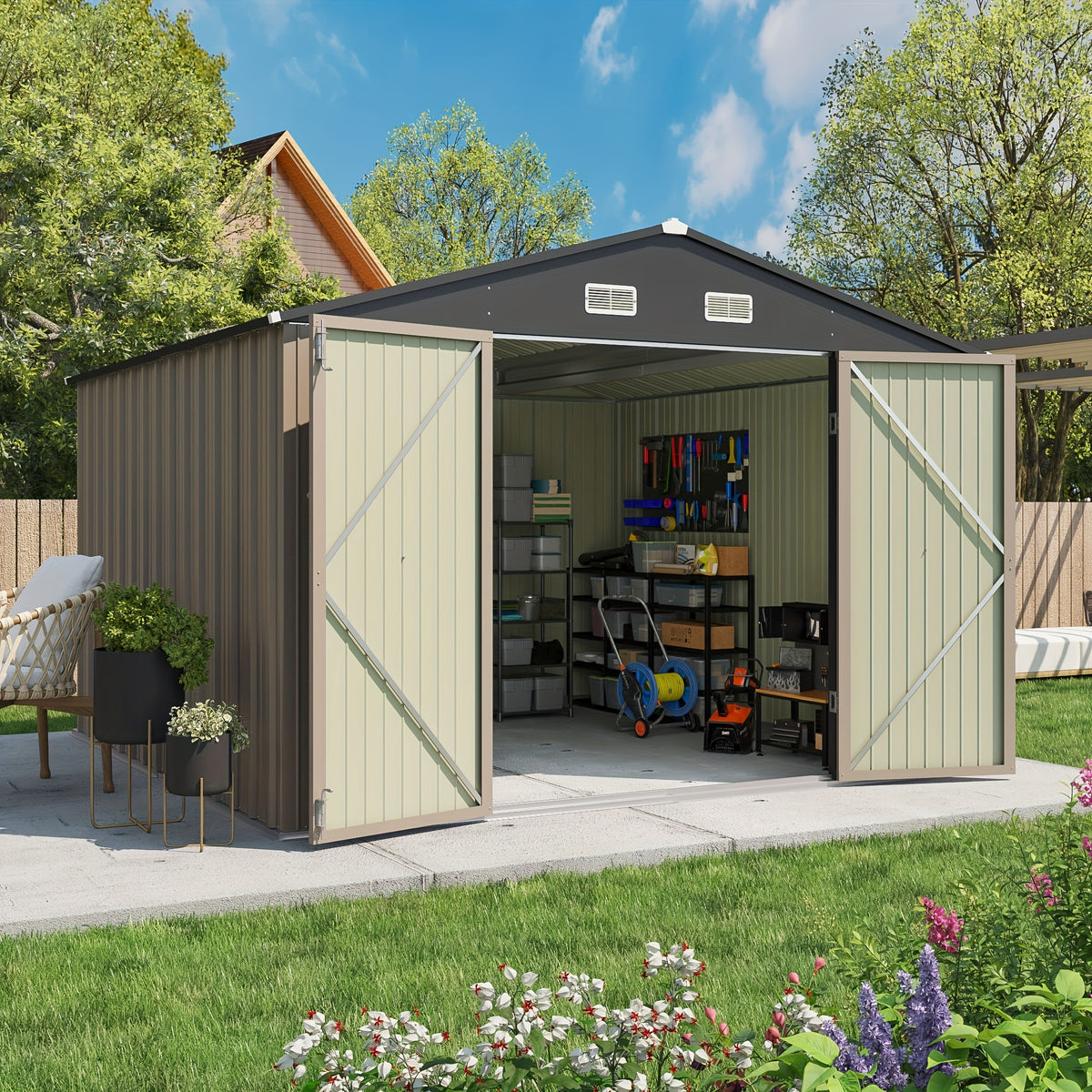 GUNJI 10X10 FT & 8 X 8 FT Outdoor Steel Storage Shed Metal Building Tiny House Lockable Door, Vertical Outside Storage Building For Garden, Backyard, Lawn, Patio Utility, Tool Storage, Bike Carport, Free Shipping