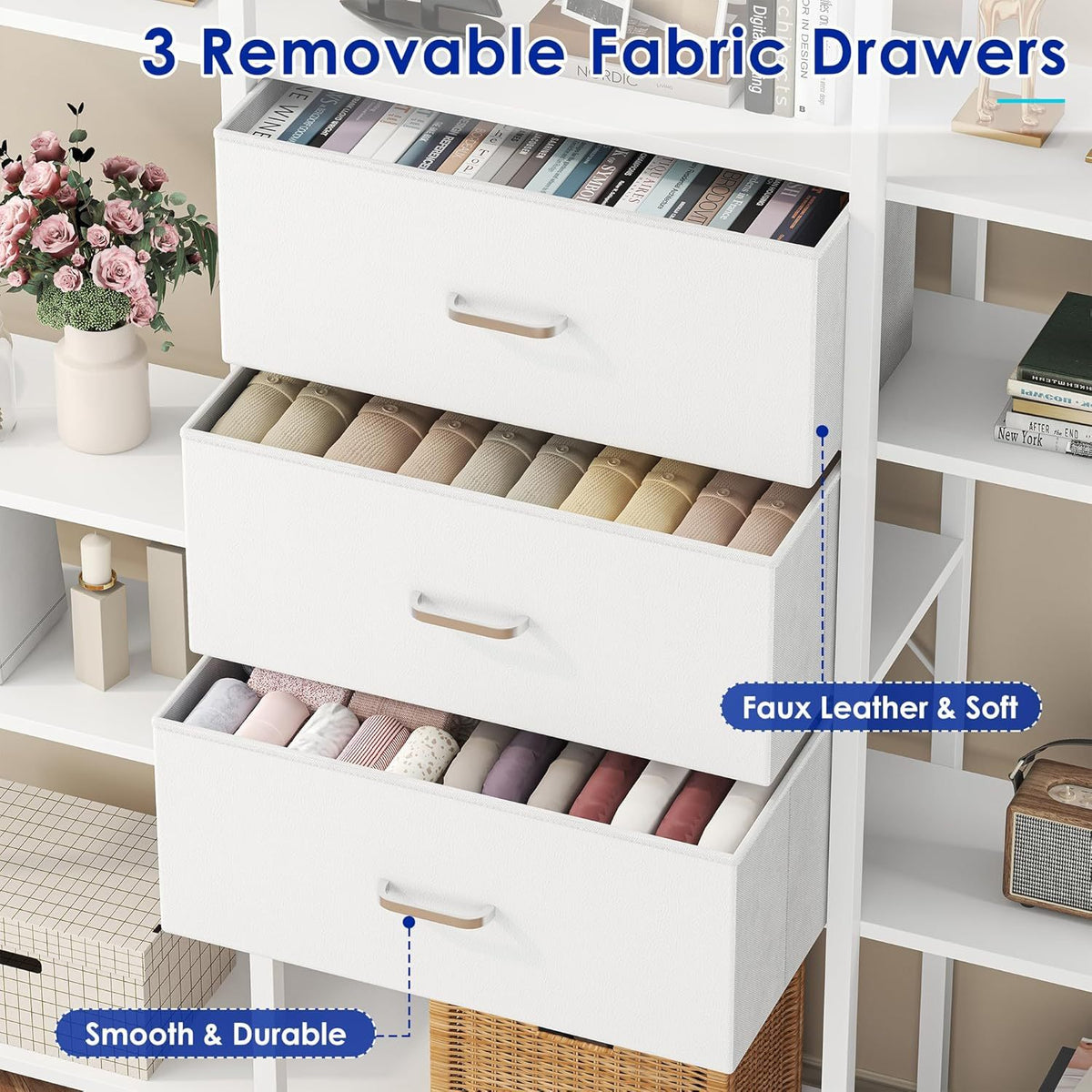 A 73.6-Inch Tall Bookshelf Featuring Three Drawers And Sixteen Storage Shelves, This Industrial Bookcase Includes Sixteen Open Display Shelves, Making It a Spacious Etagere Bookshelf, Perfect for Home And Office Use, in White