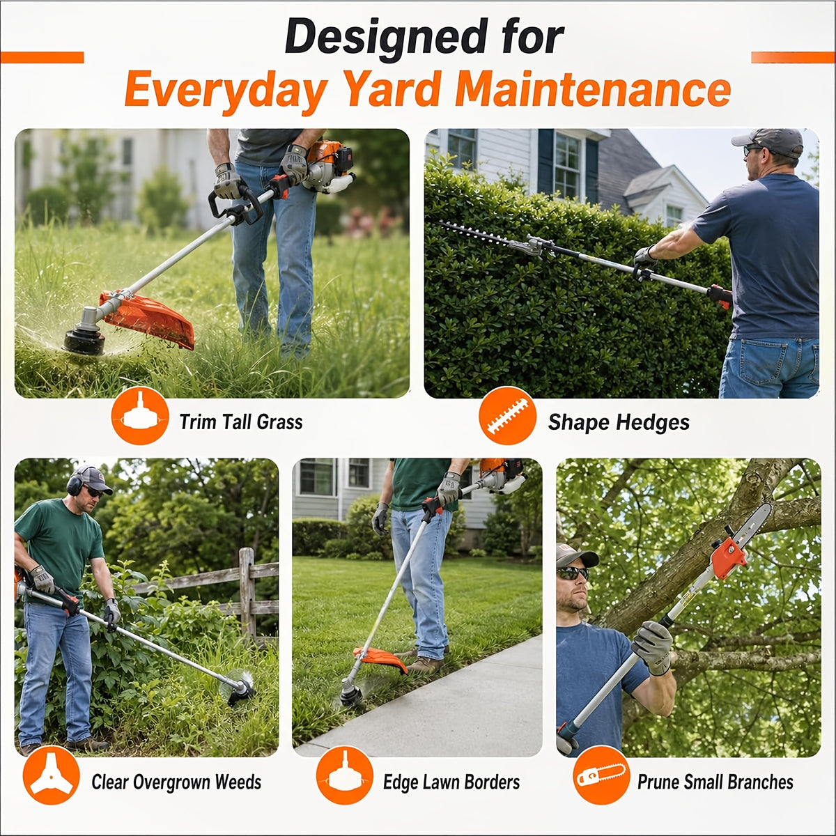 62CC 2-Stroke Gas Powered Weeder, 2HP, 8500RPM, 6-in-1/ 2-in-1 Multi-Tool: Gas Hedge Trimmer, Lawn Mower, Chainsaw & Extension Pole Pruner, for Garden, Farm & Courtyard Landscaping Maintenance
