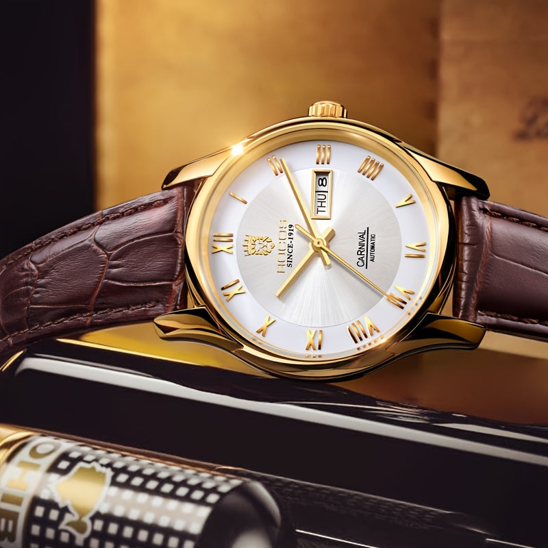 ROCOS Brand Luxury Golden Men's Watches High-end Business Simple Fashion Men's Watches Automatic Mechanical Watches Sun Pattern Brushed Dial Calfskin Strap Waterproof Men's Watches Week Calendar Display Gifts for Men