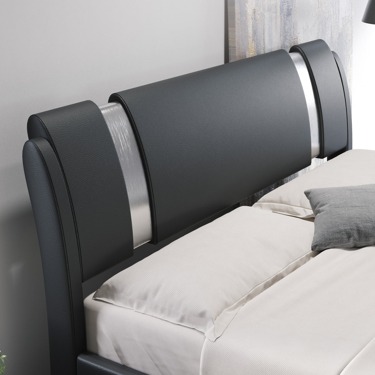 HOOMIC Contemporary Imitation Leather Bed Structure Featuring Metal Accents, Low-Set Platform Bed with Adjustable Headboard, Sturdy Wooden Slat Support, No Box Spring Required