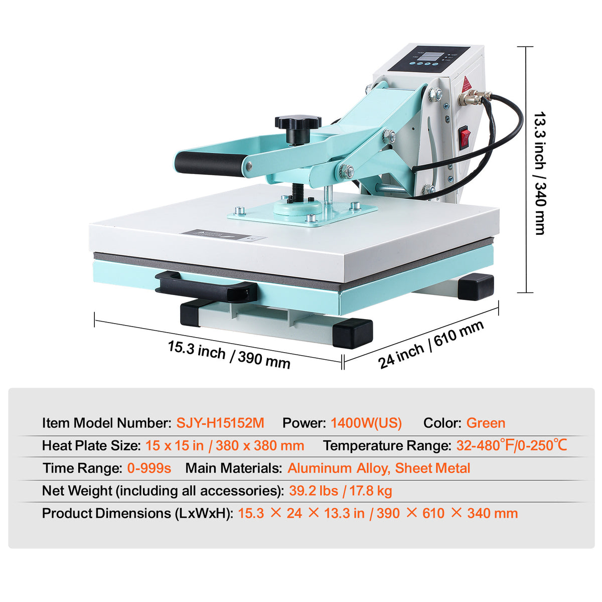 VEVOR Heat Press Machine 15x15 in Slide Out Heat Transfer Machine T-Shirts Green