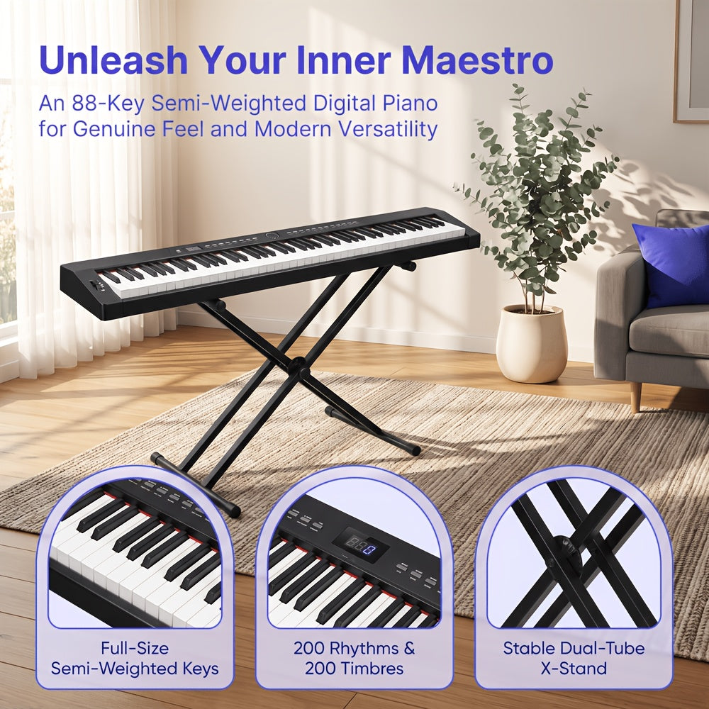 [Digital Piano] GPP-105 88 Key Full Size Semi-Weighted Standard Keyboards Digital Piano with Dual-tube X-Shape Stand