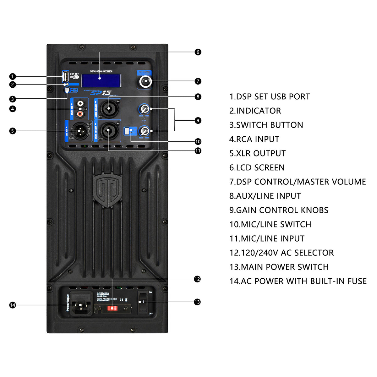 2500W P.M.P.O High-Power 15-Inch Monitor Speaker with DSP - Perfect for Professional DJs, Weddings, Churches, and High-Fidelity Sound