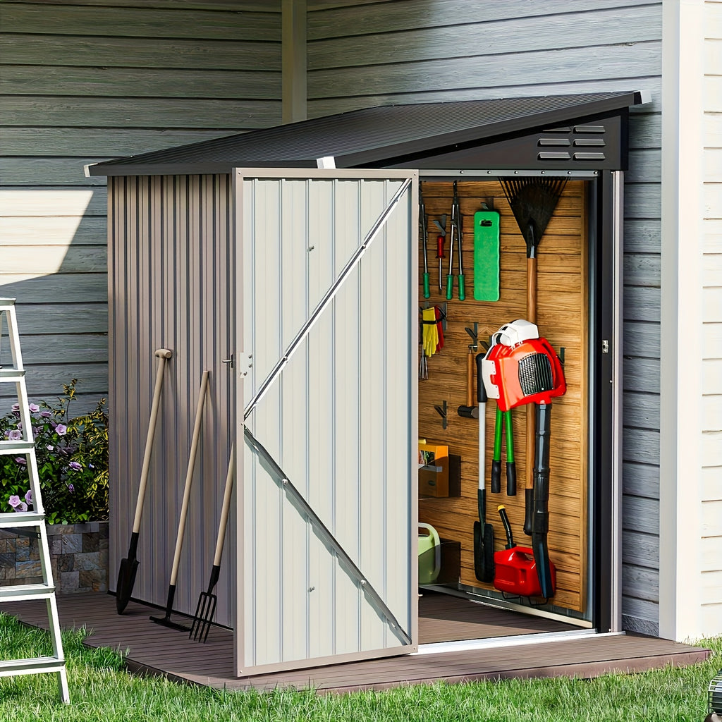 6' X 4' Metal Lean-to Storage Shed, Outdoor Side Storage Cabinet for Patio, Garden, And Lawn (Brown)