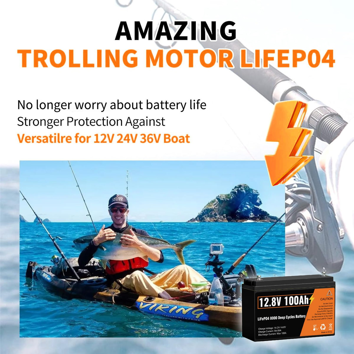 12.8V 100Ah LiFePO4 Lithium Deep Cycle Battery, Built-in 100A BMS,Grade A Battery Cell, 10-Year Lifespan, for wheelchairs, emergency lighting, RV/outdoor camping, marine, golf carts, trolling motor, home energy storage, computer power backup, off-grid app