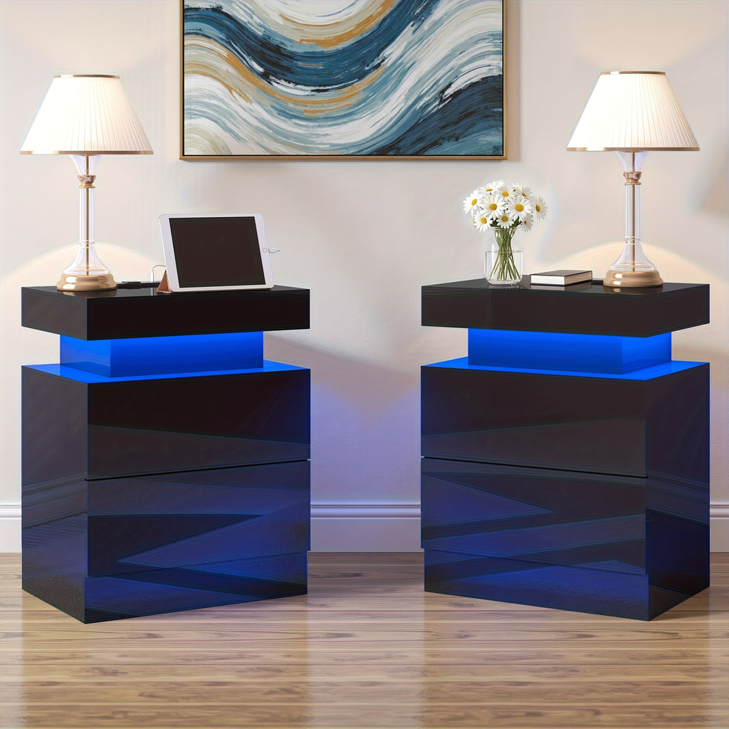 High Gloss LED Nightstand Set of 2 with Charging Station, Modern Bedside Table Night Stand with LED Lights