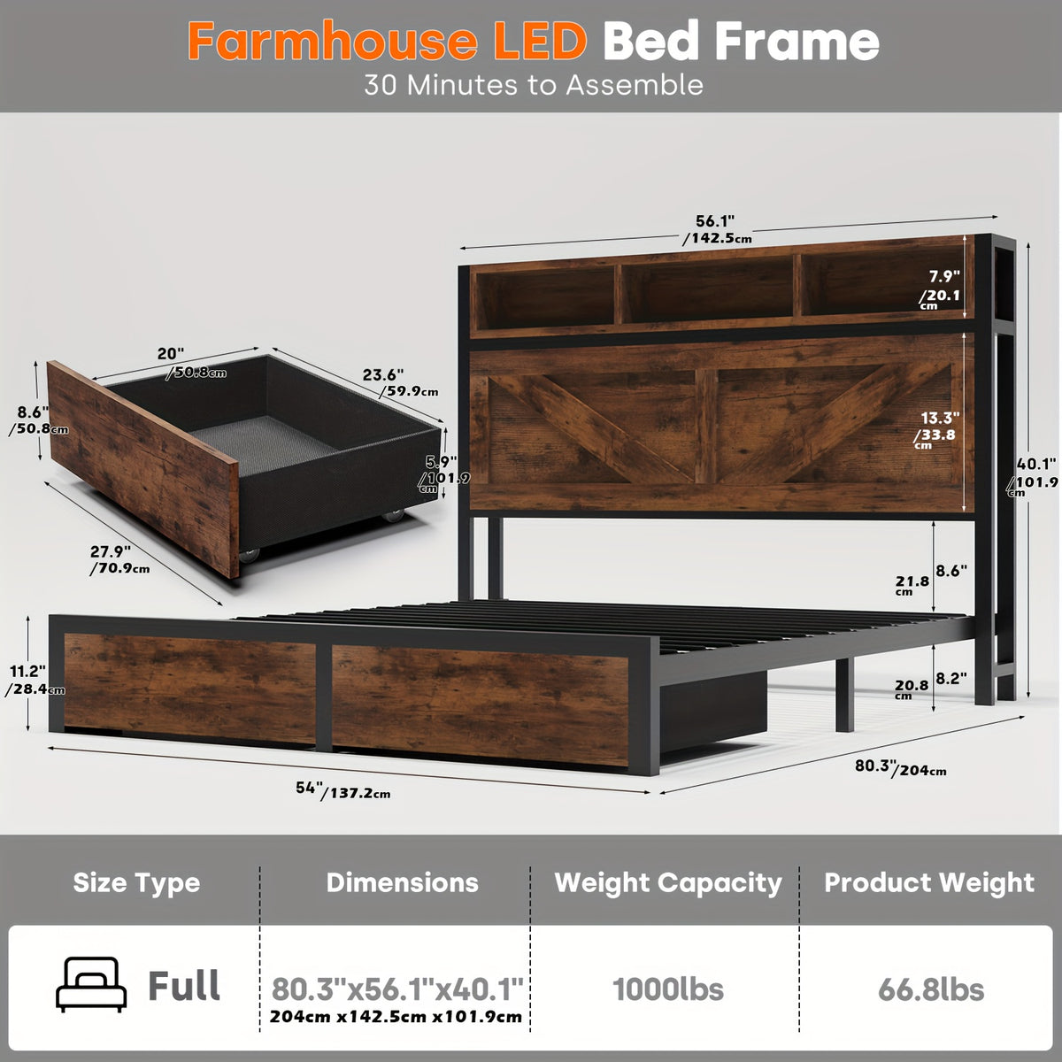 Farmhouse Bed Frame with Storage Headboard, LED Lights, Charging Station and 2 Drawers, Arrow Design, No Box Spring Needed, Rustic Brown