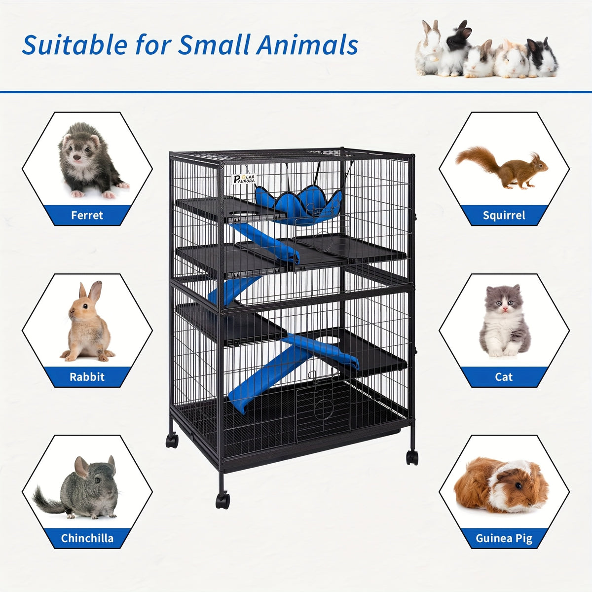 [5-Tier Metal Cage] Metal Small Animal Cage 5 Tiers Homes for Pets Removable Ferret Cage with Lockable Wheels, 50" H Deluxe Chinchilla Cage with Hammock and Removable Tray