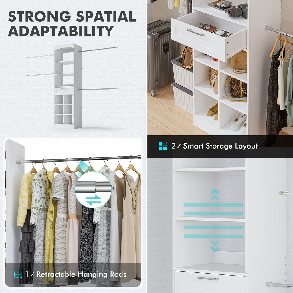 4-8ft Tall White Modern Closet System Organizer Tower with 10 Drawers & Shelves, Heavy-Duty Modular Wardrobe Storage with Hanging Rods, Fits 60-96.7" Walk-In Closets, Assembly (Space-Saving)