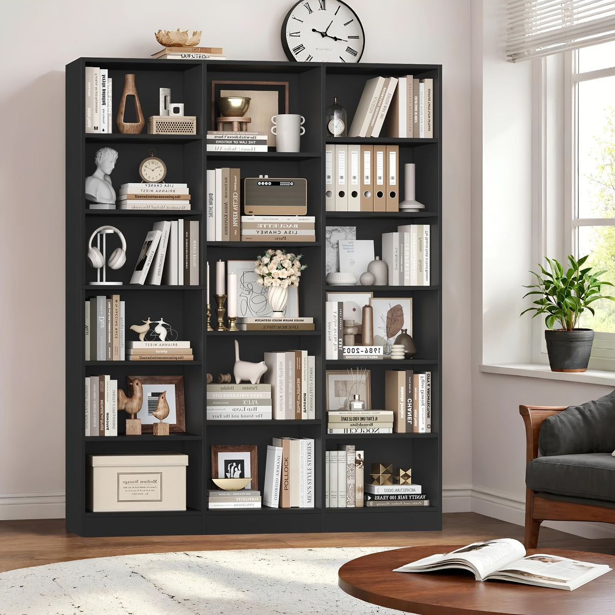FULTRU Triple Wide Bookshelf, 6 Tier Large Bookshelf, Bookcase with 17 Open Display Shelves, 74'' Tall Bookcases And Bookshelves for Living Room, Home Office, Library