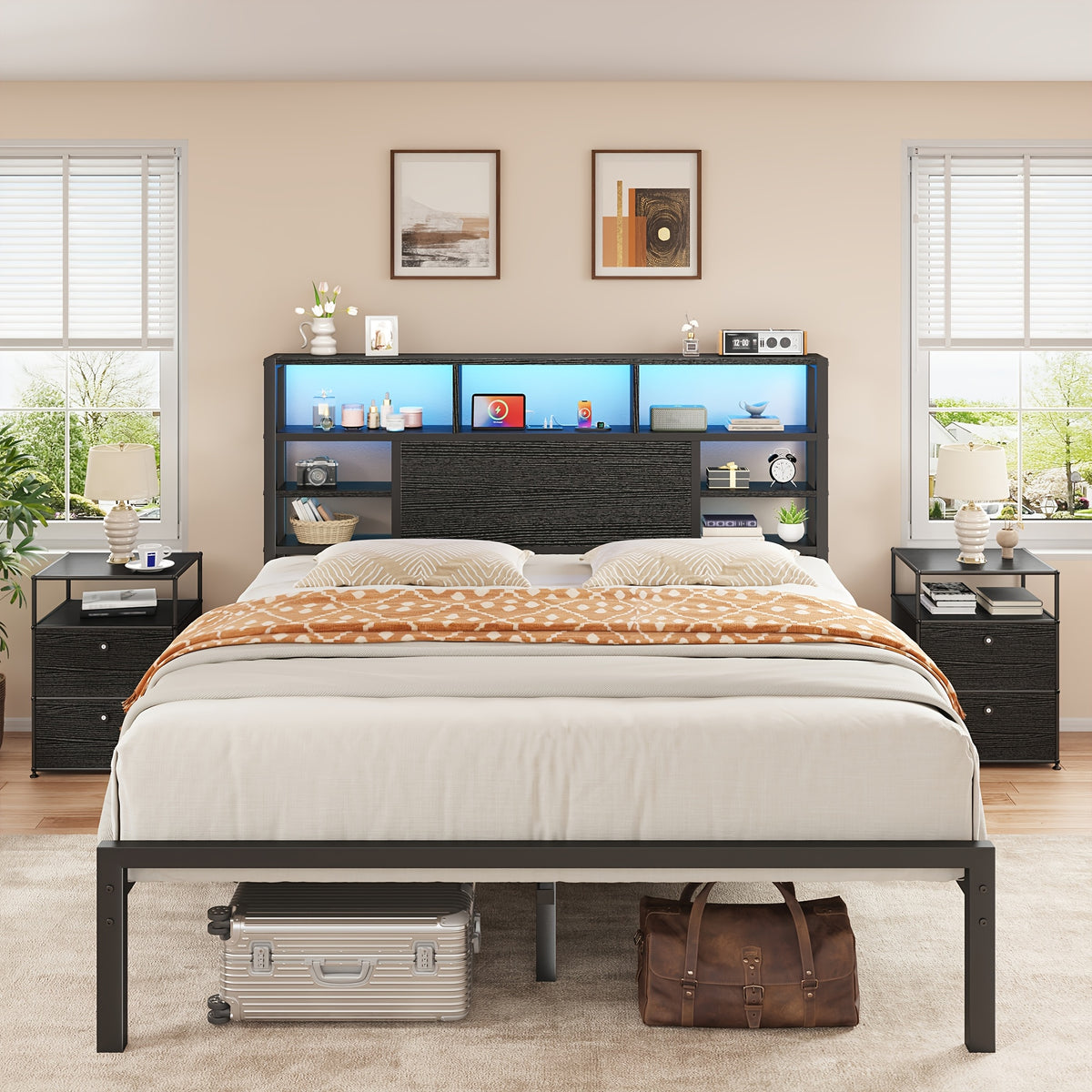 Full/Queen/King Size Bed Frame with Storage Headboard, LED Lights & Charging Station Heavy Duty Metal Platform Bed for Bedrooms, 1100 LBS Capacity, No Box Spring Needed, Easy Assembly, Black, Brown