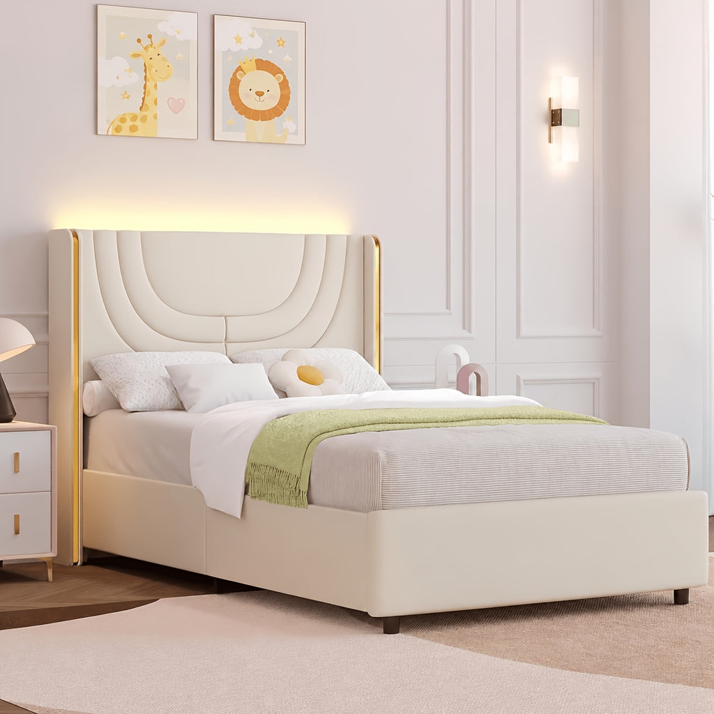 Twin Full Queen Size Bed Frame with LED Lights, Bed with Headboard And Wingback, Headboard Splicing Design, No Box Spring Needed, Easy Assembly, Pink/Beige/Black