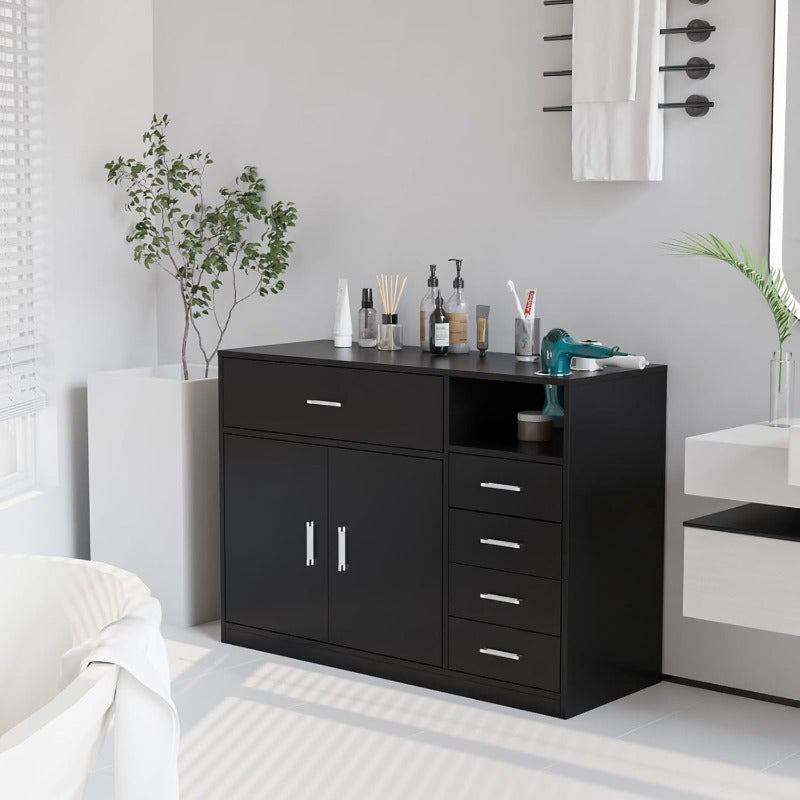 OmySalon Free Standing Barber Station Cabinet with 5 Drawers & Storage Cabinet, 3 Hair Dryer Holders, Heavy-Duty Construction - Modern Black Salon Furniture with Golden-Toned Hardware, Space-Saving Design for Hair Salons, Barber Shops, Spa & Home - Easy A