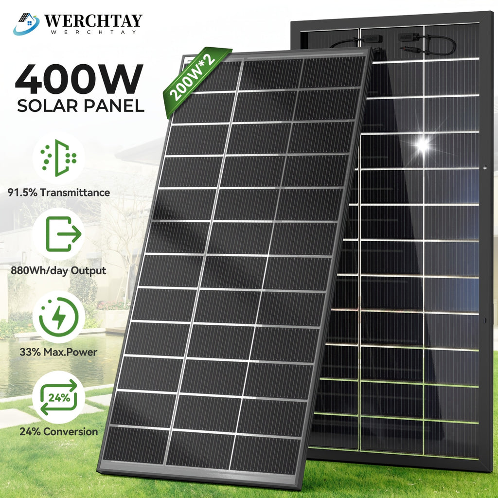 Werchtay Bifacial Monocrystalline Solar Panel, 24% High Efficiency 2pcs 200W Bifacial Solar Panel System, Advanced Half-cut Process Technology Cells, Suitable For Home Farm RV Trailer Camping Boat Yacht Off-grid System, Without Battery