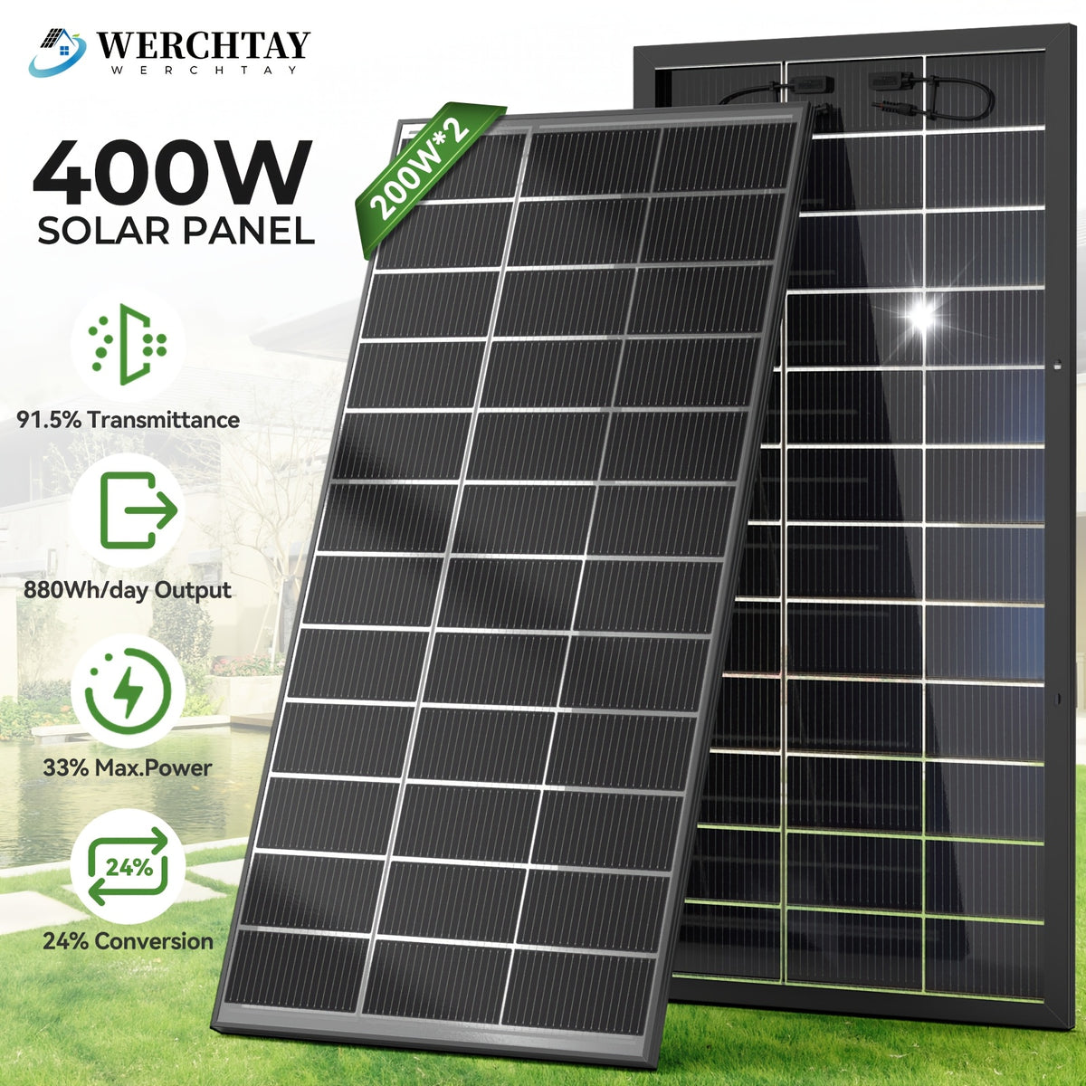Werchtay Bifacial Monocrystalline Solar Panel, 24% High Efficiency 2pcs 200W Bifacial Solar Panel System, Advanced Half-cut Process Technology Cells, Suitable For Home Farm RV Trailer Camping Boat Yacht Off-grid System, Without Battery