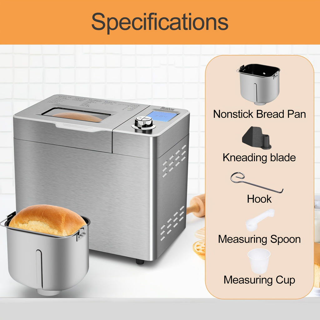 25-in-1 Bread Maker, 2LB Bread Machine With Auto Fruit/Nut Dispenser, Gluten-Free Setting, 3 Loaf Sizes& 3 Crust Colors, Keep Warm&13H Delay Timer, Digital Display, Stainless Steel