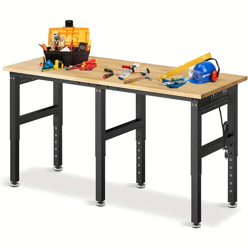 96"84"72"60"48"Adjustable Height Workbench with Power Outlet & Pegboard, 28"-40"Height Heavy Duty Solid Wood Work Table with 2000 to 5000 LBS Load Capacity for Garage, Shop, Office, Home