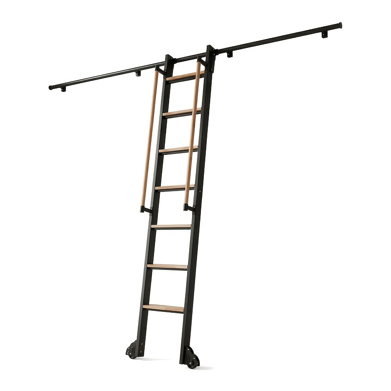 Rolling Library Ladder with 6.6' Slide Rails, 96' Roller Ladder with Wheels And Handrails, Space Saving Rail Mount Ladder for Bookshelf, Loft, Closet, Home