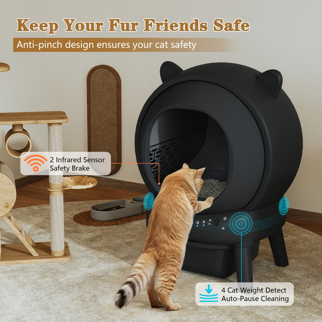 18.49gal Self Cleaning Litter Box, Automatic Cat Litter Box for Multi Cats, Auto Litter Box Robot with APP Control, Dual Safety Sensors, Odor Control&Low Noise, Cat Ears Design, Without Battery