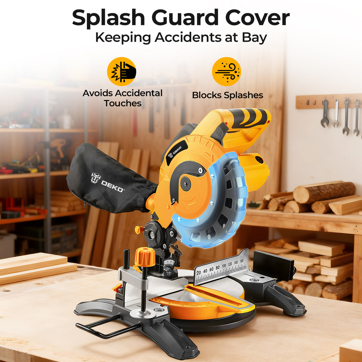 DEKOPRO Corded Miter Saw with Ring Spanner | 210mm Blade | 5000 RPM | 12A/1450W | 0-45° Single-Bevel | Electric Sliding Industrial Miter Saw | for Construction Woodworking, Furniture Factories, Metalworking Shops | for Cutting Wood, Metal, Pipes | Gifts f