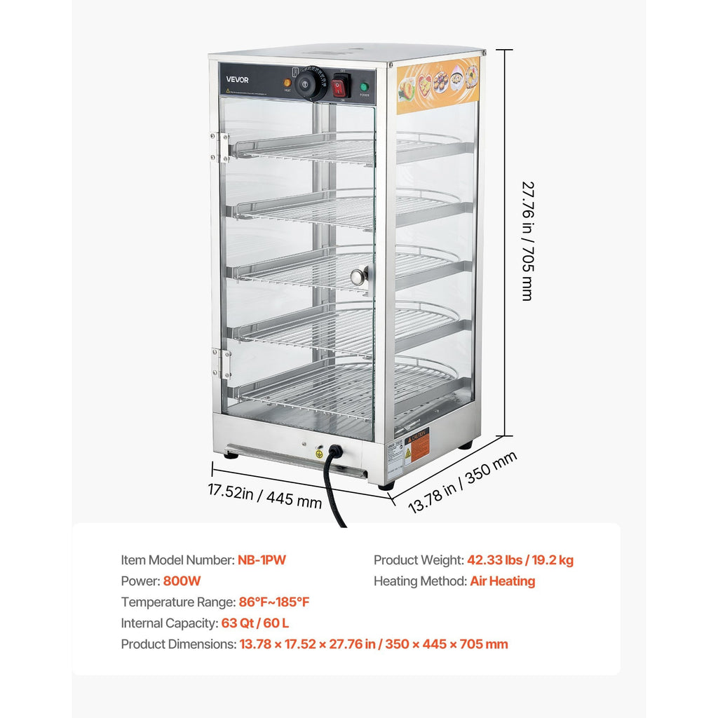 VEVOR 3-Tier/5-Tier Commercial Food Warmer Display, 14inch/15 inch 800W Food Display Warmer with LED Light, Adjustable Shelf and Stainless Steel Frame, 86℉~185℉ Air Heating, 34L for Hamburger, Pizza, Bread, Fried Chicken
