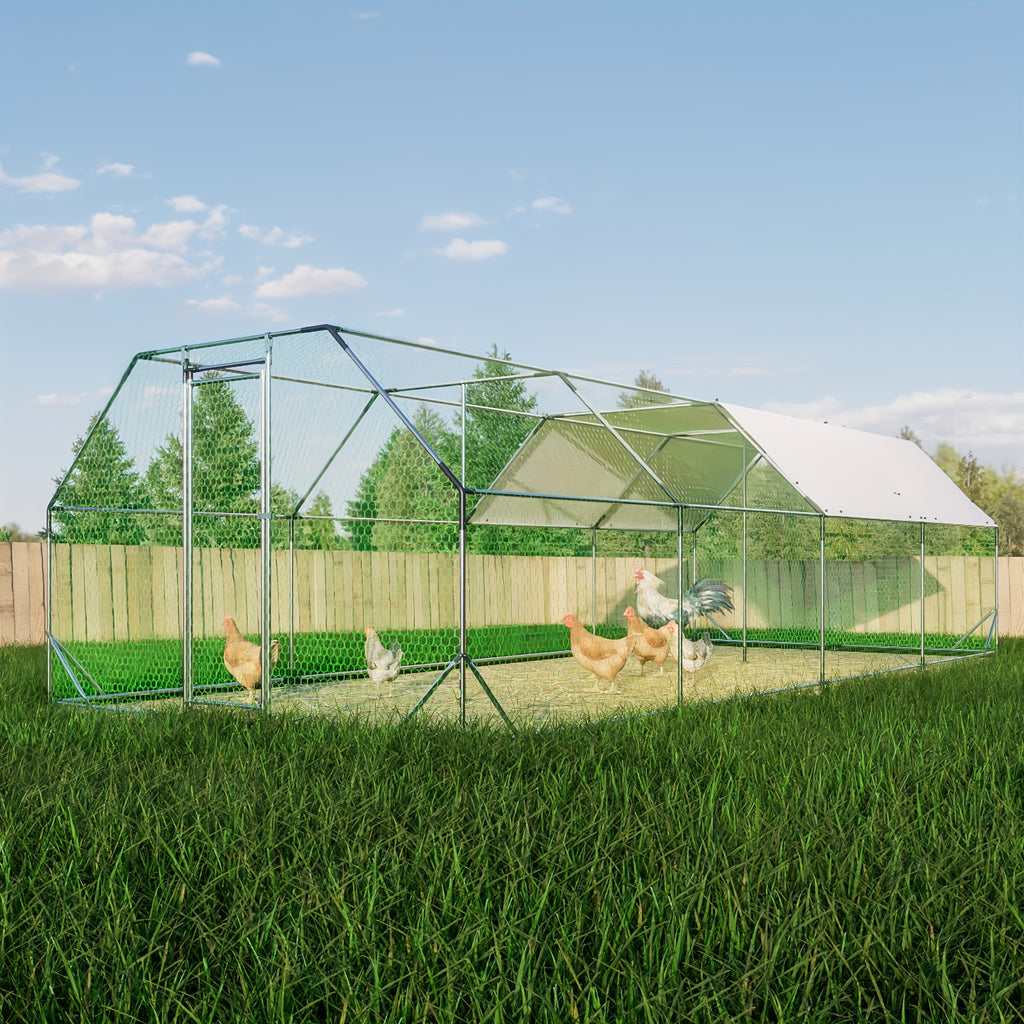[Pet Cage] 9.94 Ft. X 25.68 Ft. Galvanized Large Metal Walk In Chicken Coop Cage Farm Poultry Run Hutch Hen House