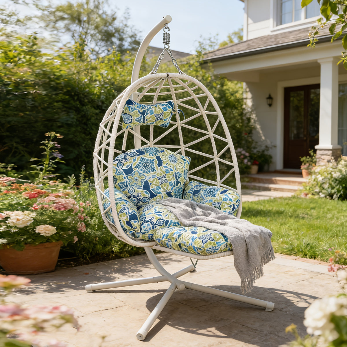 Hanging Egg Chair with Stand & Leg Rest, 350lb Rattan Wicker Swing Chair with Cushion, Patio Basket Hanging Chair Wicker Hammock Chair for Outdoor Garden Backyard Balcony, All-Weather Resilient