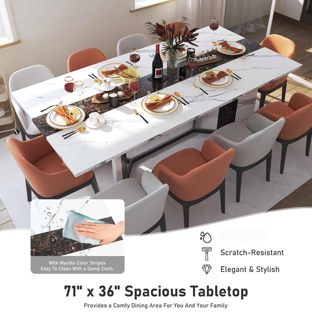 Luxurious 71-Inch Large Rectangular Dining Table with Marble-Color Wood Top, Adjustable V-Shaped Legs, Waterproof and Scratch-Proof for 4-7 People - Ideal for Family Dinners, Office, Kitchen, Living Room