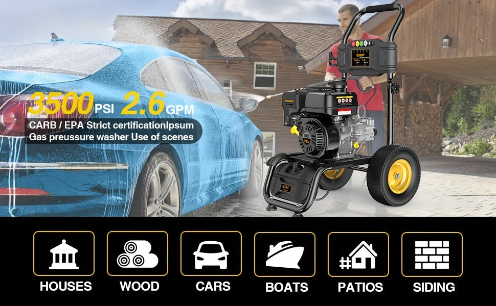 BLUBERY 3500 PSI Cold Water Gas Pressure Washer, 2.6 GPM Pressure Washer, 30Ft Pressure Hose, Black, Without Battery