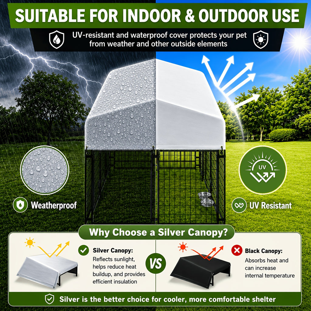 SNDM Outdoor Dog Kennel for Large Dogs, Heavy Duty Welded Wire Steel Dog Playpen Fence with Secure Lock, Dog Pen with Waterproof Roof Cover and 2 Rotating Dog Bowls for Small/Medium/Large Dogs