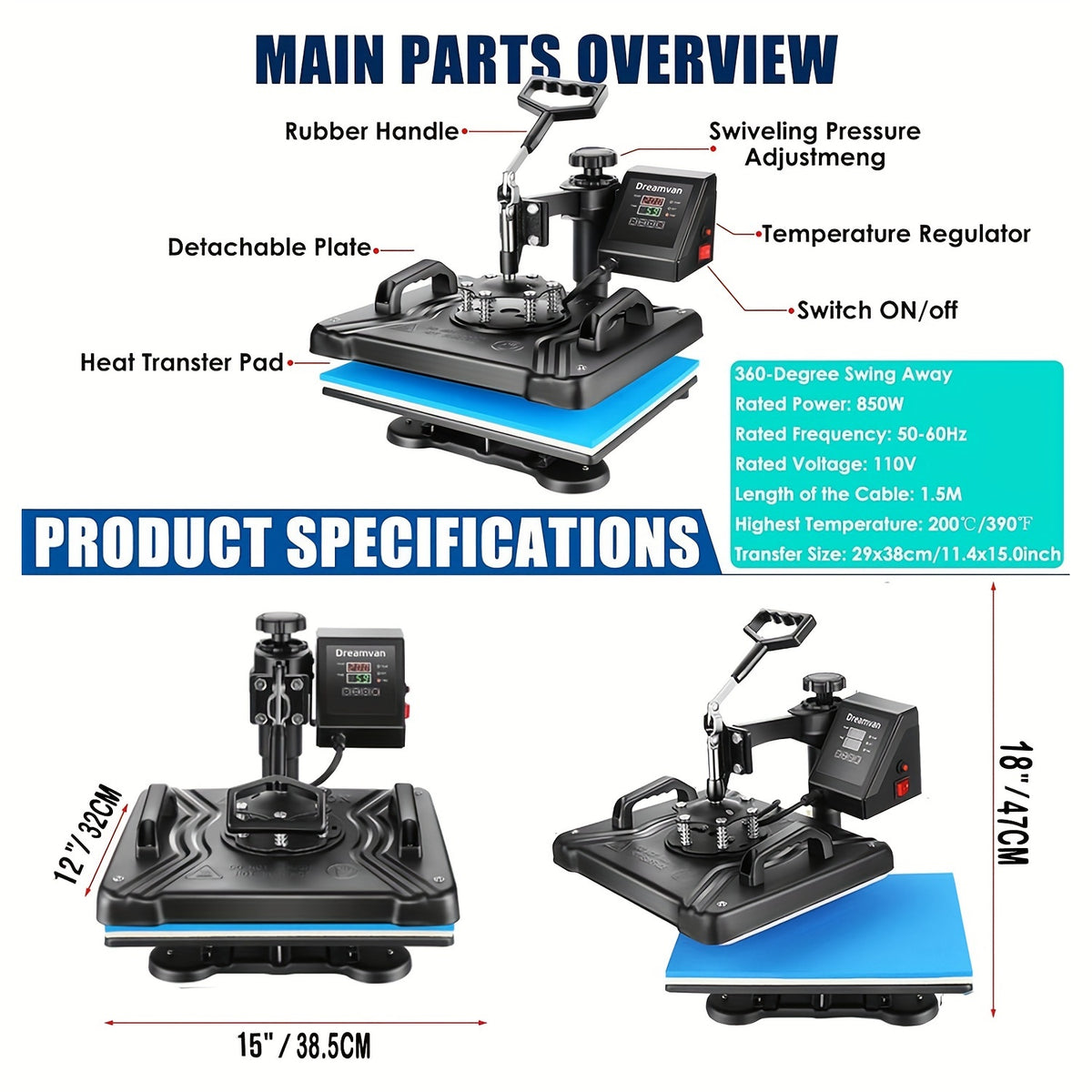 8in 1/ 5in 1 Heat Press Machine 15x12 Inch Combo Digital Multifunctional Sublimation Heat Transfer Machine, 360°Rotation Swing Printing Sublimation Heat Press for T Shirts Hat Mug Cap Plate