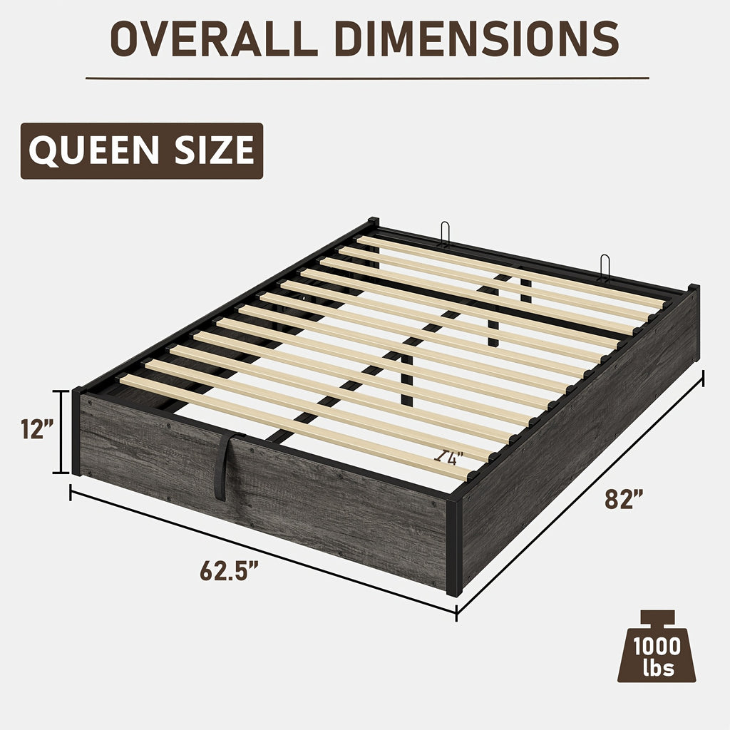 Lift Up Storage Bed with Storage Underneath, Wooden Platform Bed Frame, Solid Wood Slats Support, No Fixed Headboard, No Box Spring Needed