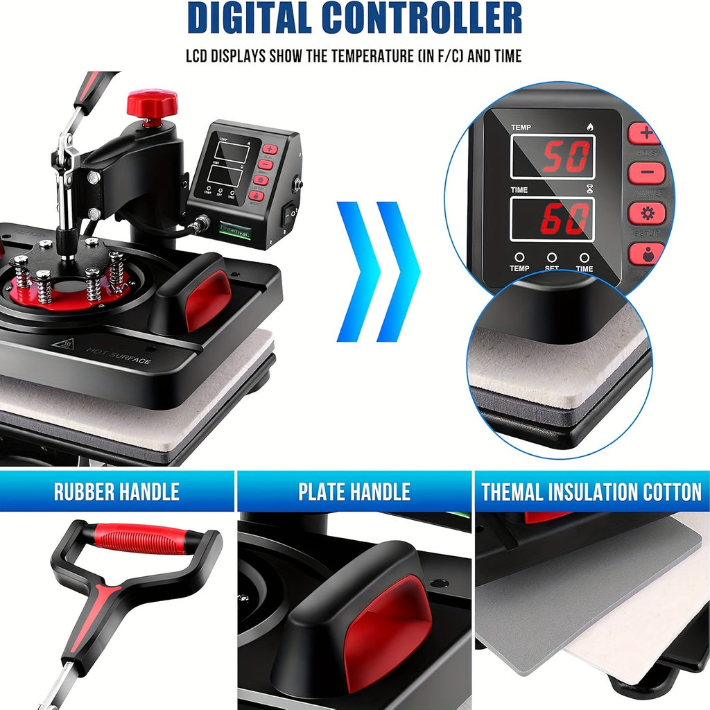 8-in-1/5-in-1 15"x12" Heat Press Machine Set, Professional Sublimation Machine, Rotatable T-Shirt Printing Heat Transfer Digital Industrial Quality Heat Press, Suitable For T-Shirts, Bags, Pillows, Mugs, Hats, Plates, Beanies