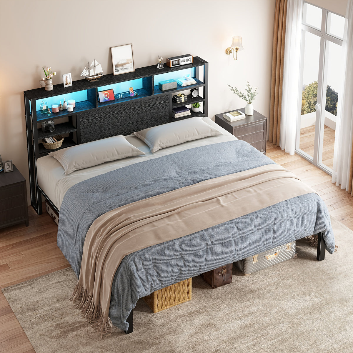 Full/Queen/King Size Bed Frame with Storage Headboard, LED Lights & Charging Station Heavy Duty Metal Platform Bed for Bedrooms, 1100 LBS Capacity, No Box Spring Needed, Easy Assembly, Black, Brown