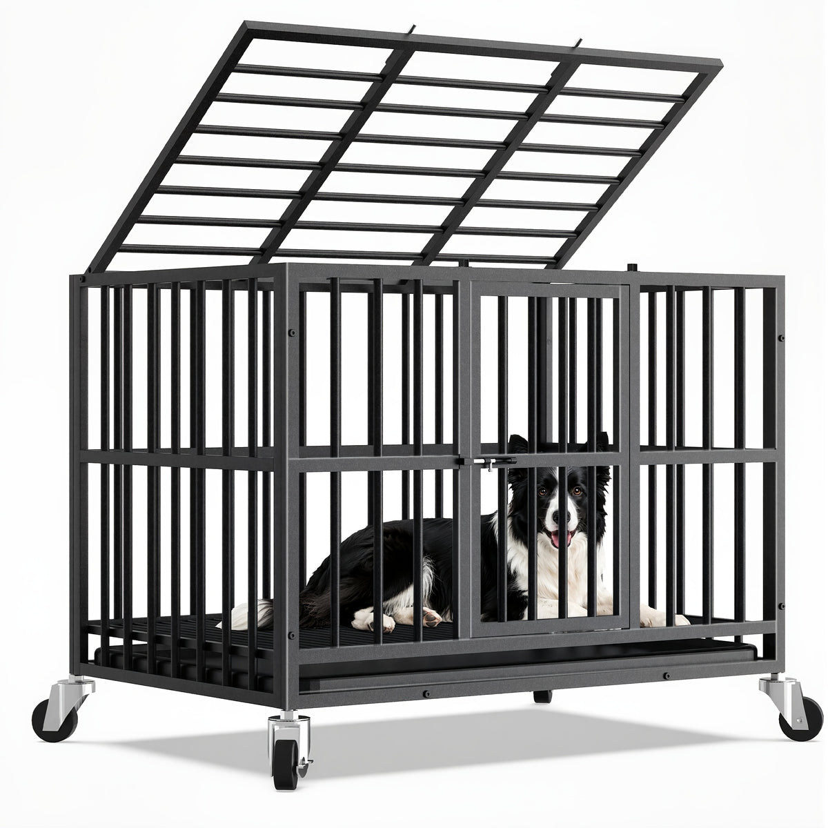 [Indoor Dog Crate] Heavy Duty Simple Version Round Pipe Iron Dog Crate, Indoor Double Door Dog Crate With Wheels With Removable Tray