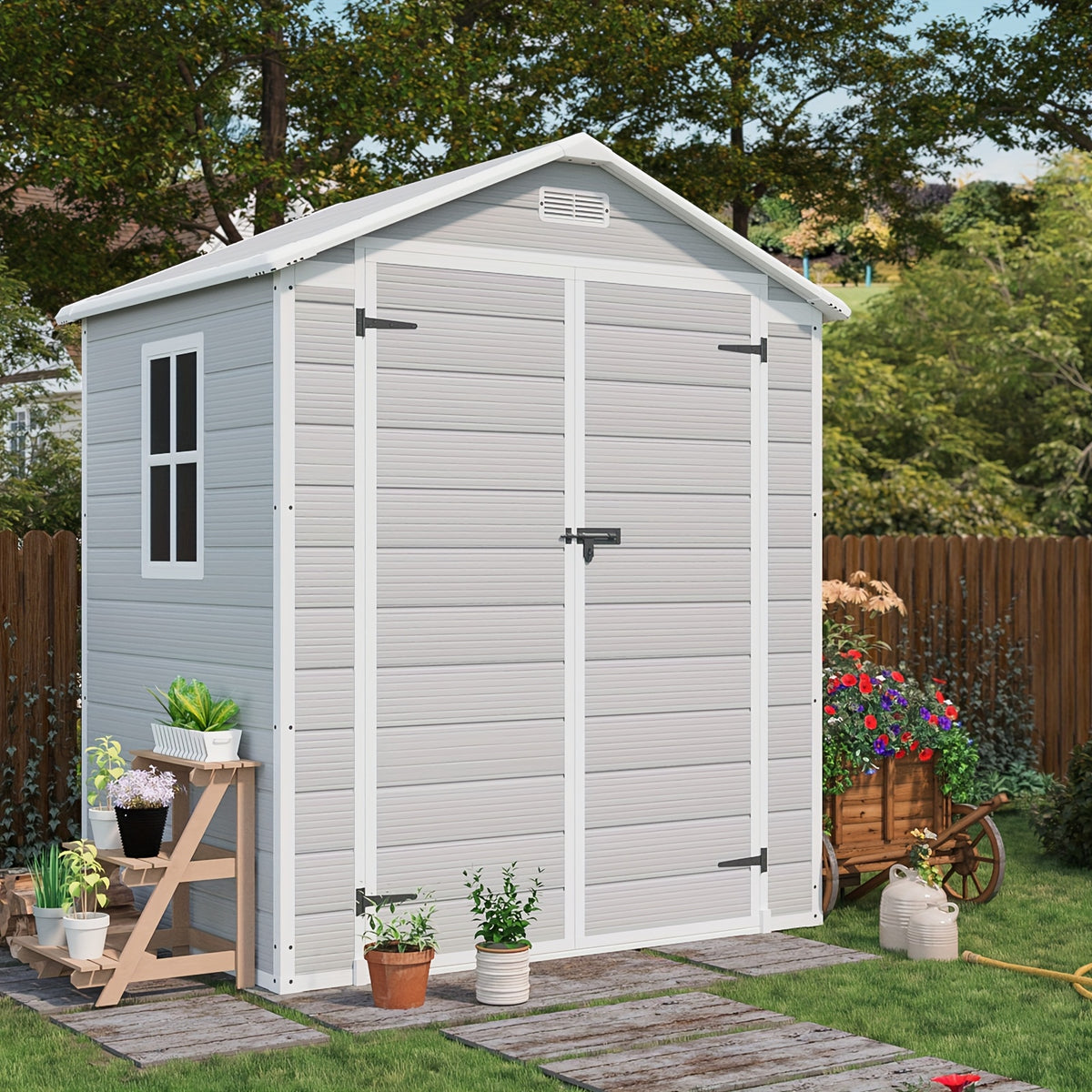 GUNJI 6X4 FT And 5X4 FT Plastic Outdoor Storage Shed with Floor, Resin Outside Tool Shed with a Window And Lockable Door for Garden, Backyard, Tool Storage Use, Easy to Install, Light Gray (Fit-It Shed)