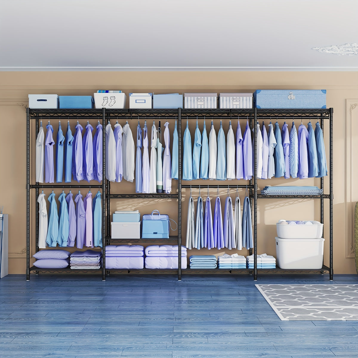 Extra Large Heavy Duty Clothes Rack, 2 Hanging Rods, 11 Dividers, 4 Installation Methods, 1100lb Load Capacity, Size 77"W x 17.7"D x 77"H, Free Standing Metal Wardrobe