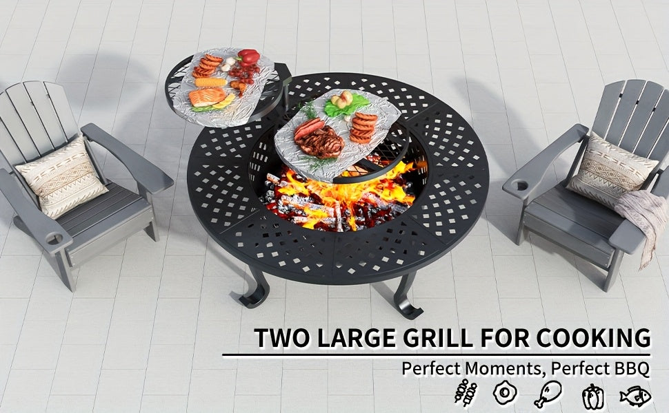 43 Inch Fire Pit with 2 Grills, Outdoor Wood Burning Firepit with Lid, Metal Round Table for Backyard Patio Garden Picnic Camping Bonfire
