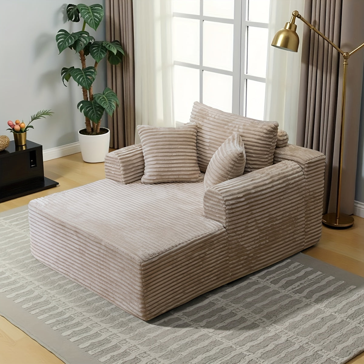 A Modern Fabric Corduroy Sofa Bed with a Deep Seat That Can Be Converted, Featuring Throw Pillows And Cloud-Shaped Armrests, Along with Storage Pockets, Ideal for Use As a Reclining Sofa in Living Rooms, Bedrooms, Apartments, And Offices