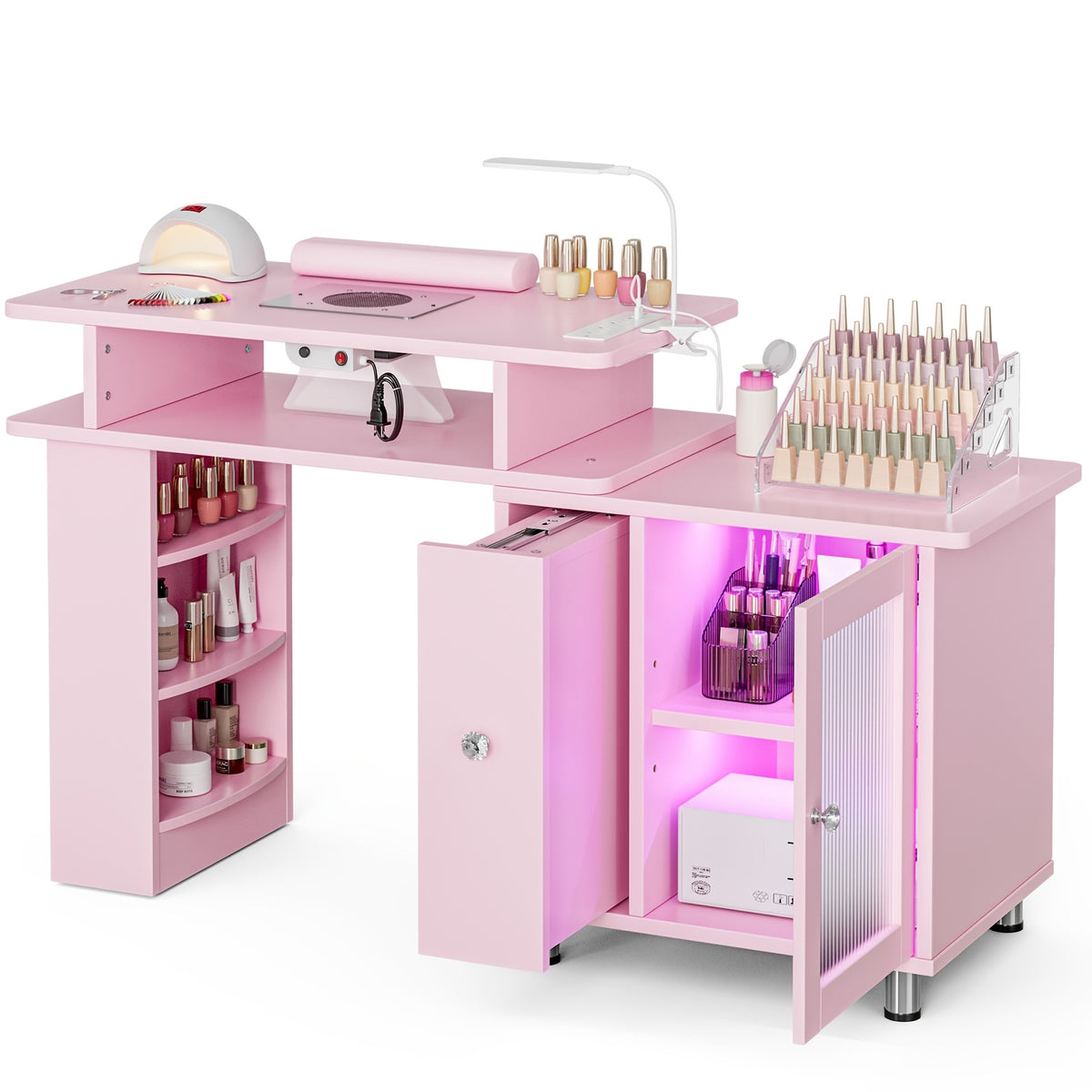 Paddie Manicure Table Nail Desk, Glass Cabinet Door Nail Table Station W/Dust Collector, Removable Acrylic Container, Cabinet And Drawer
