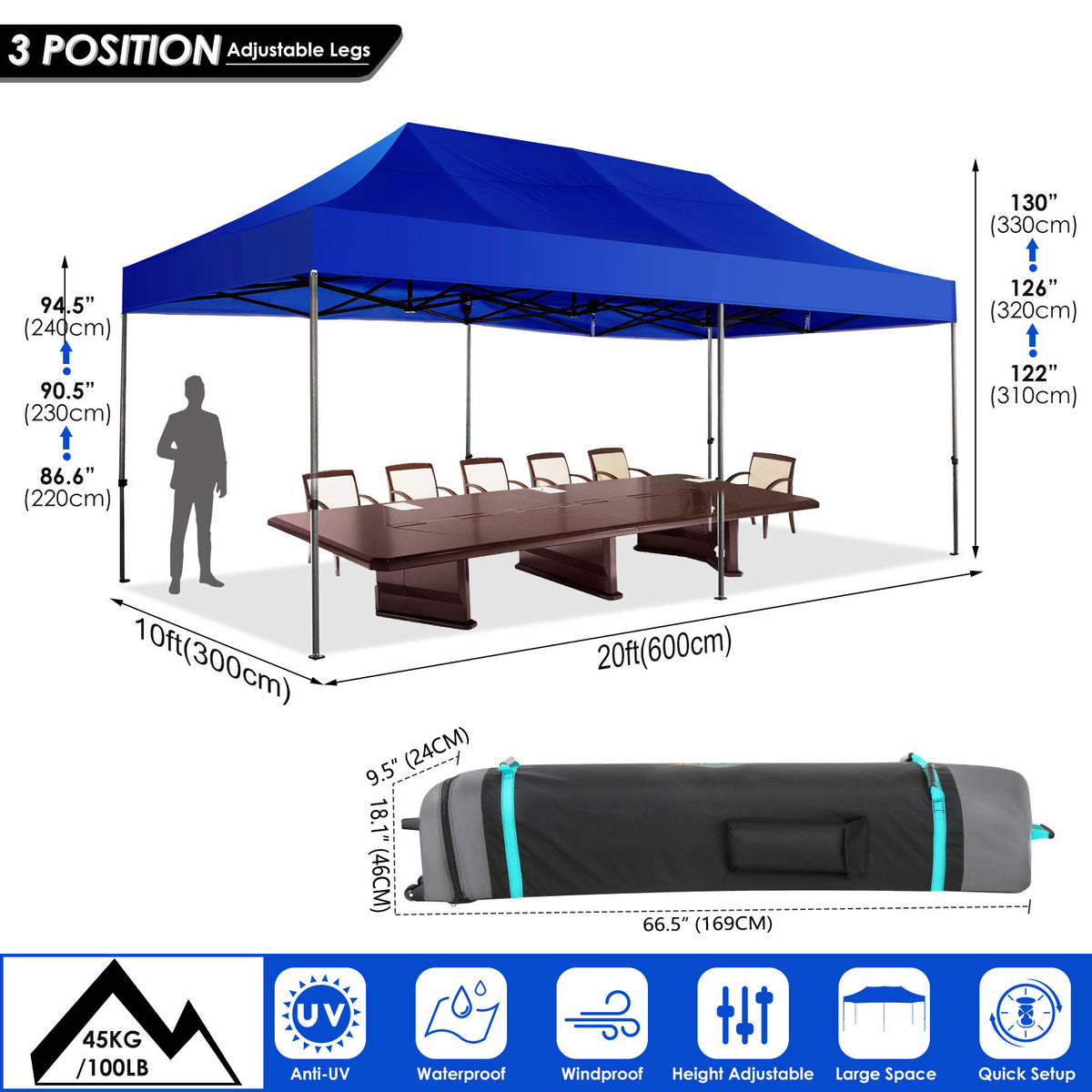 10x20 Pop Up Canopy Tent, Heavy Duty Canopy with 6 sidewalls, Easy Up Commercial Outdoor Canopy, Wedding Party Tents for Parties, All Season Wind & Waterproof Gazebo with Roller Bag, Pop Up Canopy for Wedding, Commercial Areas, Playgrounds, etc