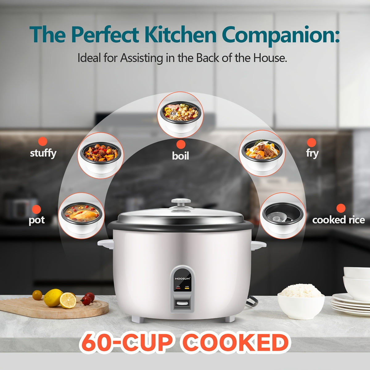 MOOSUM Commercial Rice Cooker, with a Large Capacity of 30 Cups Uncooked And 60 Cups Cooked, Features One-Touch Operation And a 12-Hour Keep Warm Function, Making It User-Friendly And Easy to Clean