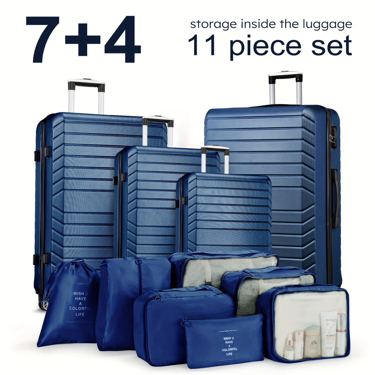 11pcs Luggage Set (4suitcases+7storage Bags) Large Capacity Luggage with Telescopic Handle Thick ABS Durable Hardshell with Dual 360°Swivel Wheels (20+24+28+32) Inch Suitcases