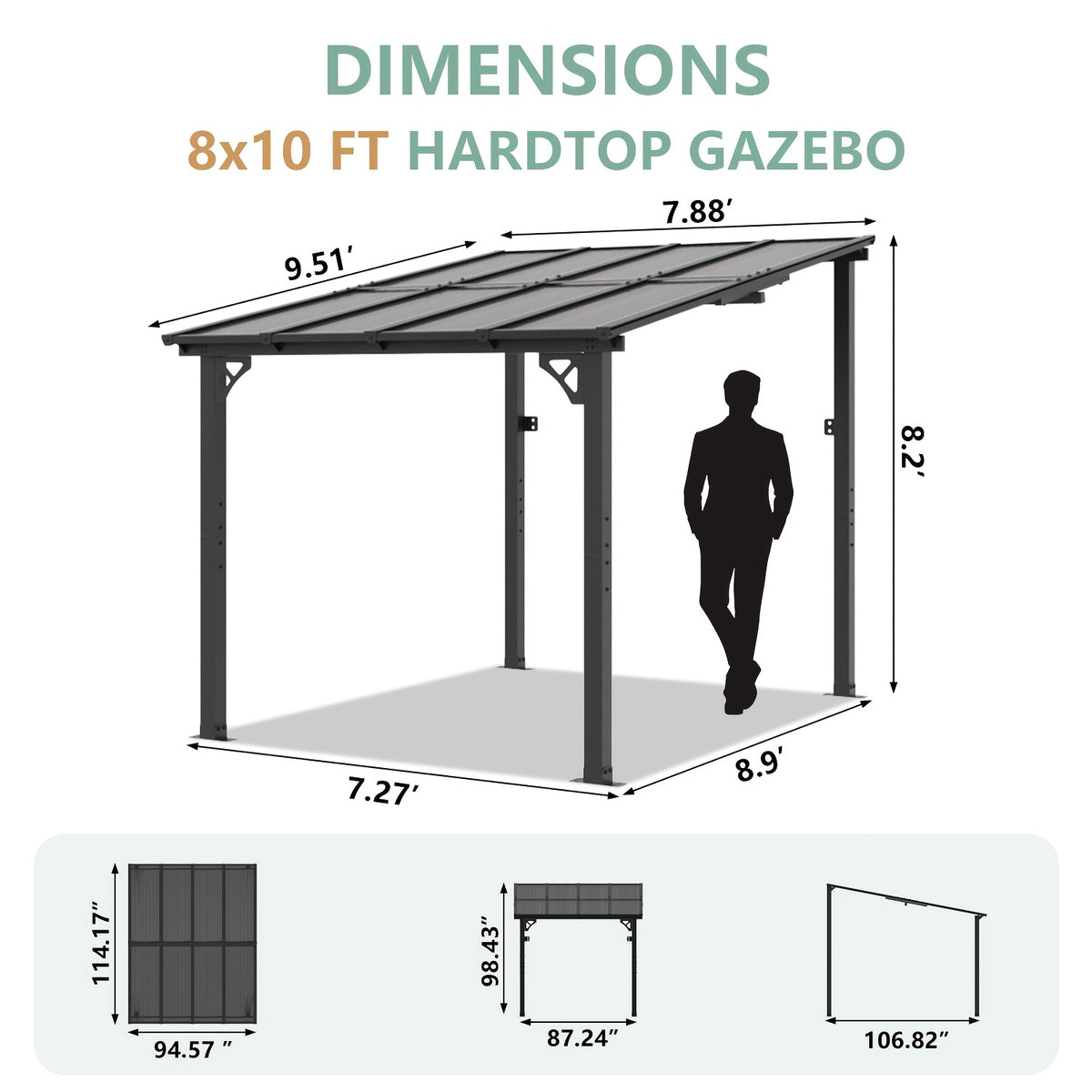 8 X 5FT, 8 X 6FT, 8 X 10FT, 12 X 10FT, 14 X 10FT, 16 X 10FT, 20 X 10FT Hard Top Gazebo Pergola Kit - Wall Mounted Lean-To Aluminum Alloy Awning with Canopy Roof, All-Weather Outdoor Cover for Patio, Backyard, Deck (Multi-Size Selection)
