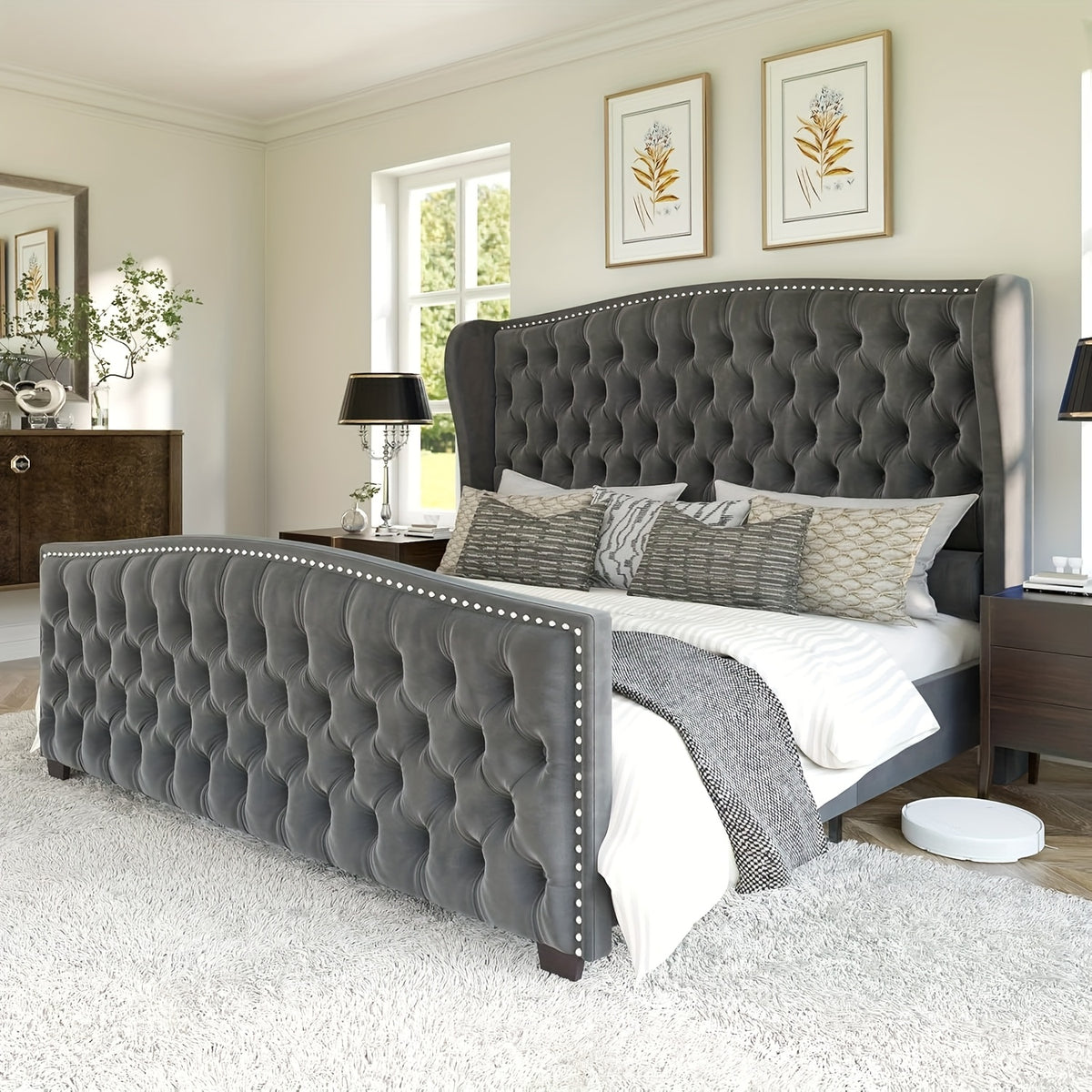 Platform Bed Frame, Velvet Upholstered Bed with Deep Button Tufted & Nailhead Trim Wingback Headboard/No Box Spring Required/
