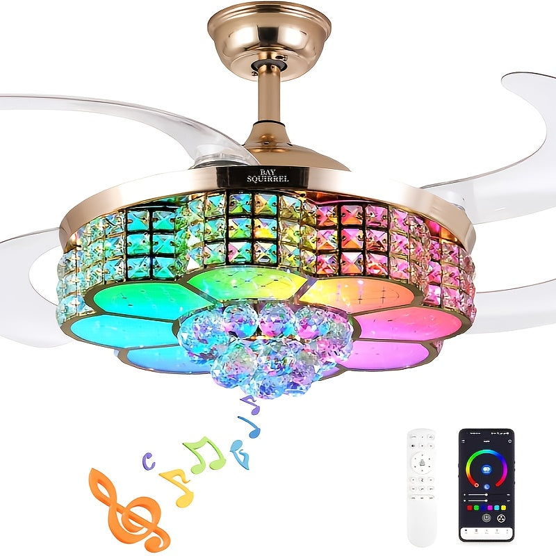 42-Inch Crystal Decoration with RGB Ceiling Fan And Light, Supports Infinite Dimming And Light Memory. with Speakers, 6 Speeds Reversible Blades, Flush Mount Chandelier Ceiling Fan Remote Control And APP Convenient Control Way