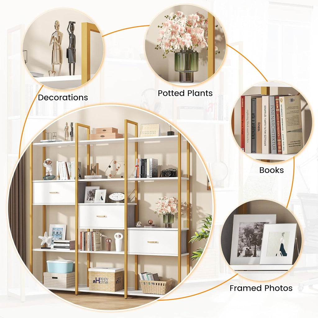 Semoic Triple Wide 6 Tiers Industrial Book Shelf with 3 Drawers and Storage Shelves, 73.6" Tall Bookcase with 16 Open Display Shelves, Large Etagere Bookshelf with Metal Frame for Home& Office, Golden