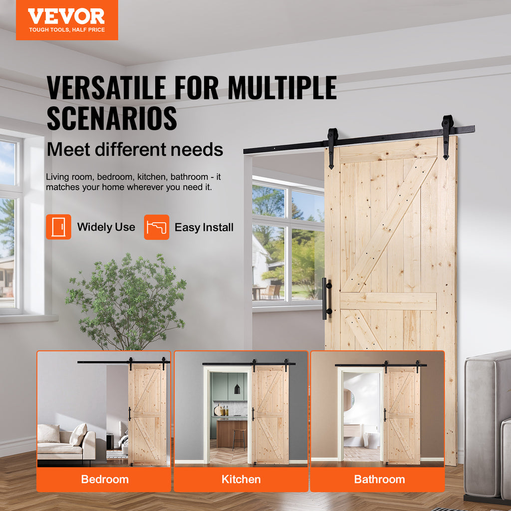 VEVOR Barn Door and Hardware Kit, 30/36" x 84" Wood Sliding Barn Door, Smoothly and Quietly, Barn Door Kit with 8-in-1 Floor Guide and Door Handle, Spruce Wood Panelled Slab, Easy to Install